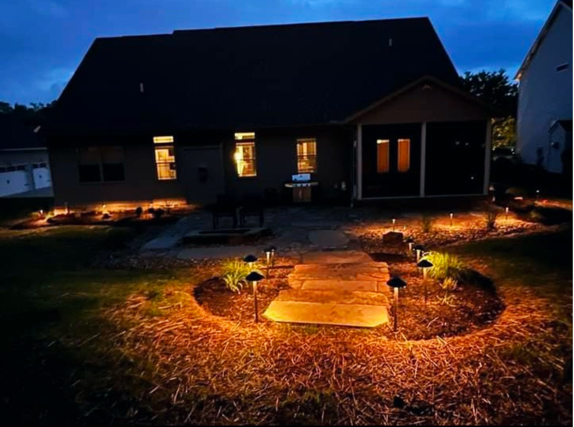 Landscape installation, stone patio, steps, and lighting 1 